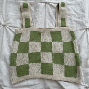 Green and Cream Checkered Knit Tank Top